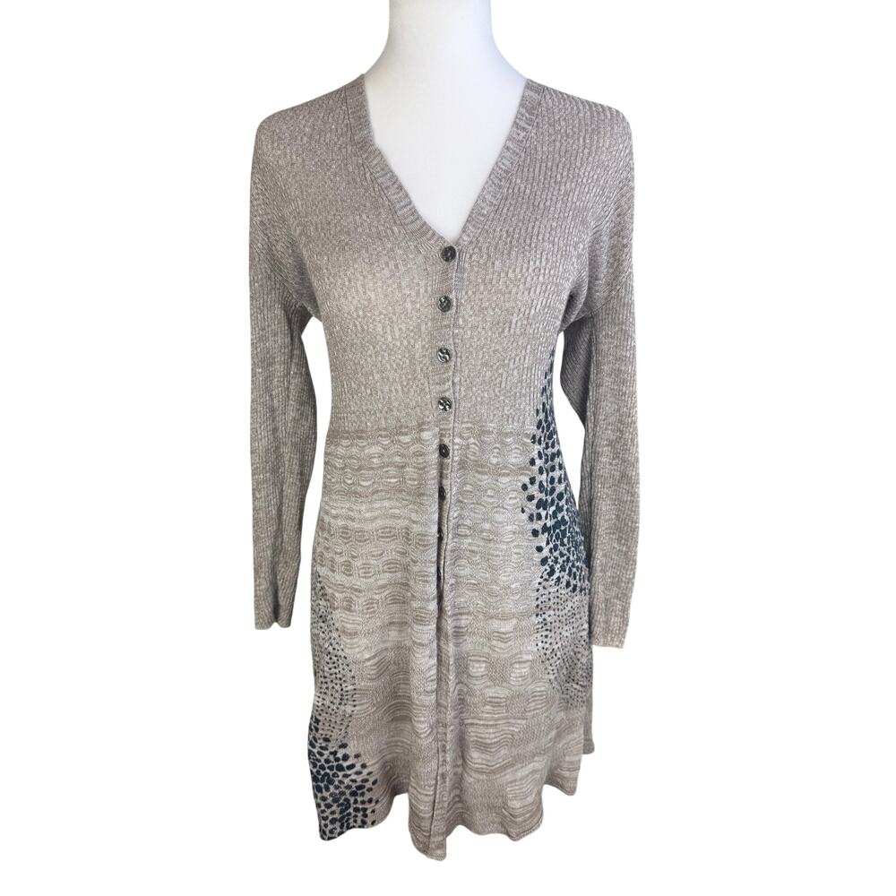NIC+ZOE Womens Linen Blend Long Sleeve Abstract Knit Taupe Cardigan Sweater XS